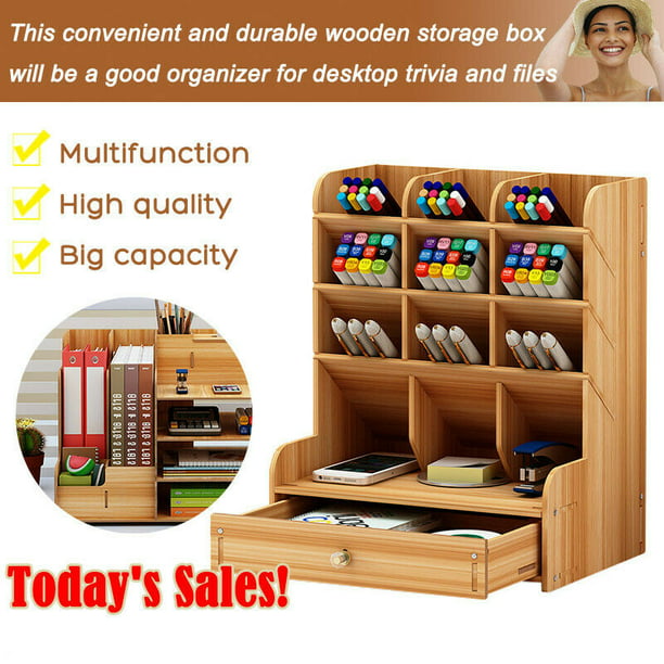 Multi-Functional DIY Pen Holder Box w/ Desk Storage Space Wooden Desk Organizer 